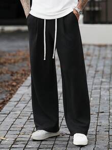 Manfinity CasualCool 男士成熟休閒黑色紋理布料寬鬆直筒運動長褲 - 黑色 - 查看 1