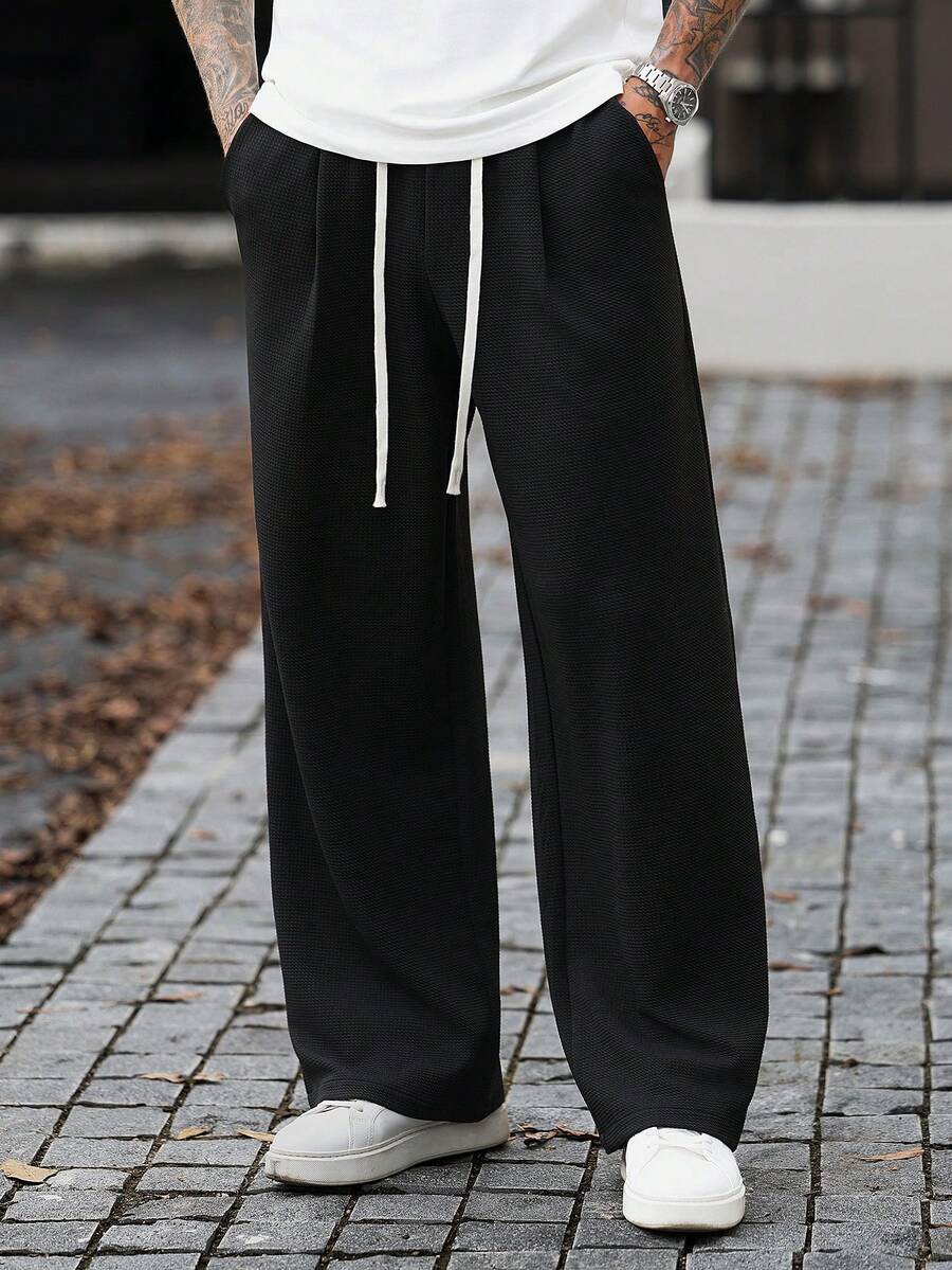 Manfinity CasualCool 男士成熟休閒黑色紋理布料寬鬆直筒運動長褲 - 黑色 - 查看 1
