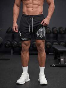 GymBeat 男士十字標誌印花 2 合 1 運動短褲 吸濕排汗 透氣輕量 極簡設計 修身版型 適合健身訓練 運動健身 黑色 - 黑色 - 查看 1