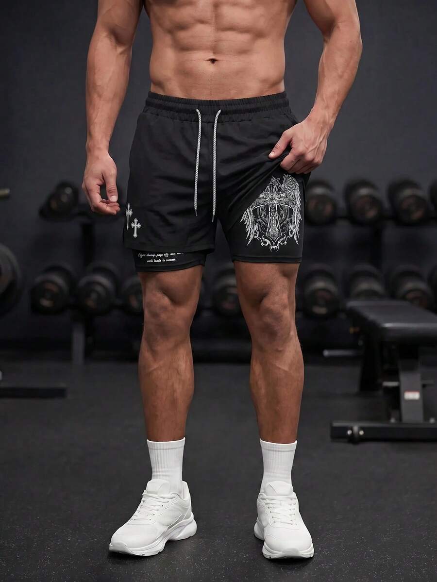 GymBeat 男士十字標誌印花 2 合 1 運動短褲 吸濕排汗 透氣輕量 極簡設計 修身版型 適合健身訓練 運動健身 黑色 - 黑色 - 查看 1