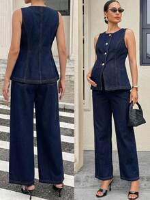 MaterniWear Maternity Crew Neck Single-Breasted Vest And Pants Casual Denim 2 Pieces Set - Dark Wash - View 1