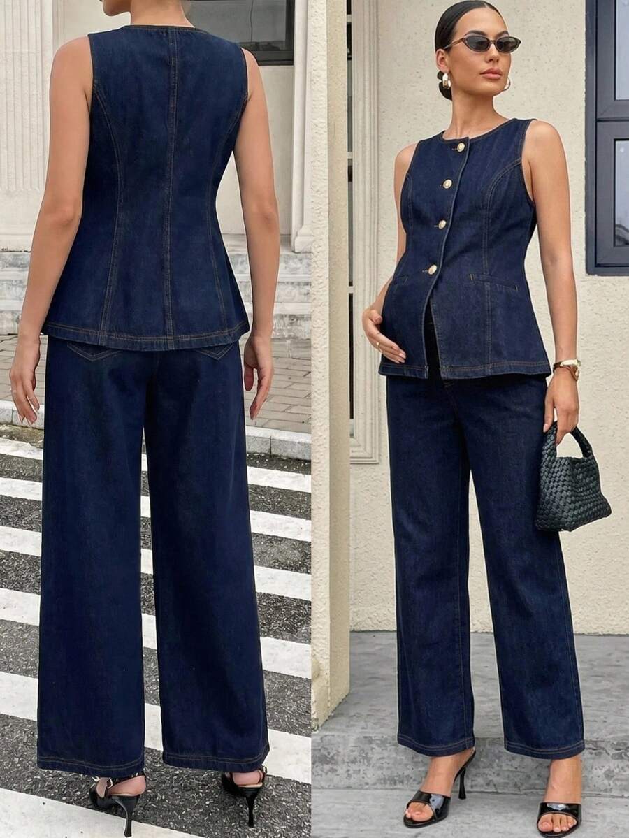 MaterniWear Maternity Crew Neck Single-Breasted Vest And Pants Casual Denim 2 Pieces Set - Dark Wash - View 1