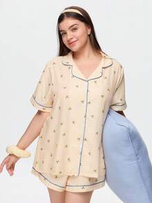 Bonmuse Plus Size Lemon Plaid Print Lapel Button-Front Short Sleeve Shorts Pajama Set - Yellow - View 5