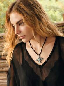 Nocturel 1 buah Kalung Liontin Salib Bertatahkan Batu Turkuois Gaya Bohemian Vintage, Cocok untuk Pemakaian Sehari-hari Wanita - Kalung Salib Pirus - View 3