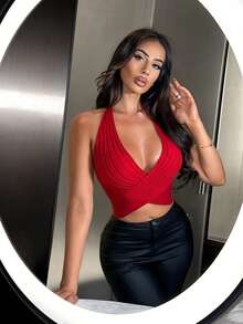 SHEIN SXY Plus Size Red Criss-Cross Backless Knit Halter Top Sexy Going Out Club Night Summer - Red - View 3