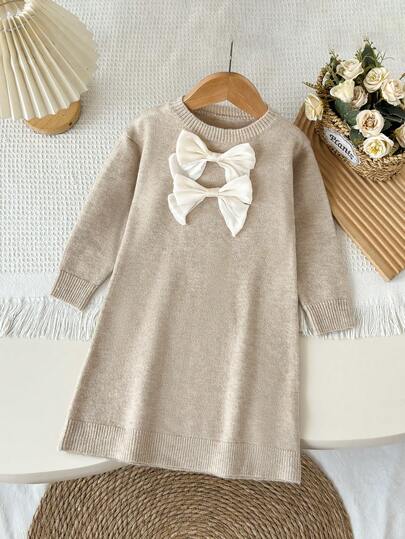 SHEIN Little Girls Apricot Bow Crew Neck Knit Sweater Dress, Sweet Fashion Pullover Style, Soft Fall Winter, Christmas Halloween Daily Travel School Wear