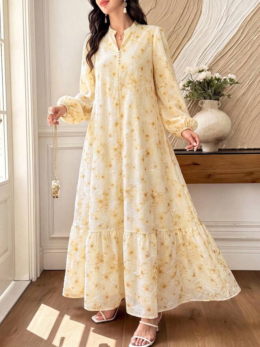 Al Najma 優雅端莊缺口領全印花刺繡布料燈籠袖長袖女款阿拉伯風連身裙 秋季 - 黃色 - 查看 1