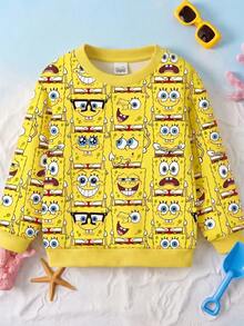 SpongeBob SquarePants | SHEIN GraphicGems 男嬰黃色圓領長袖運動衫，趣味多表情設計，春秋款 - 黃色 - 查看 3