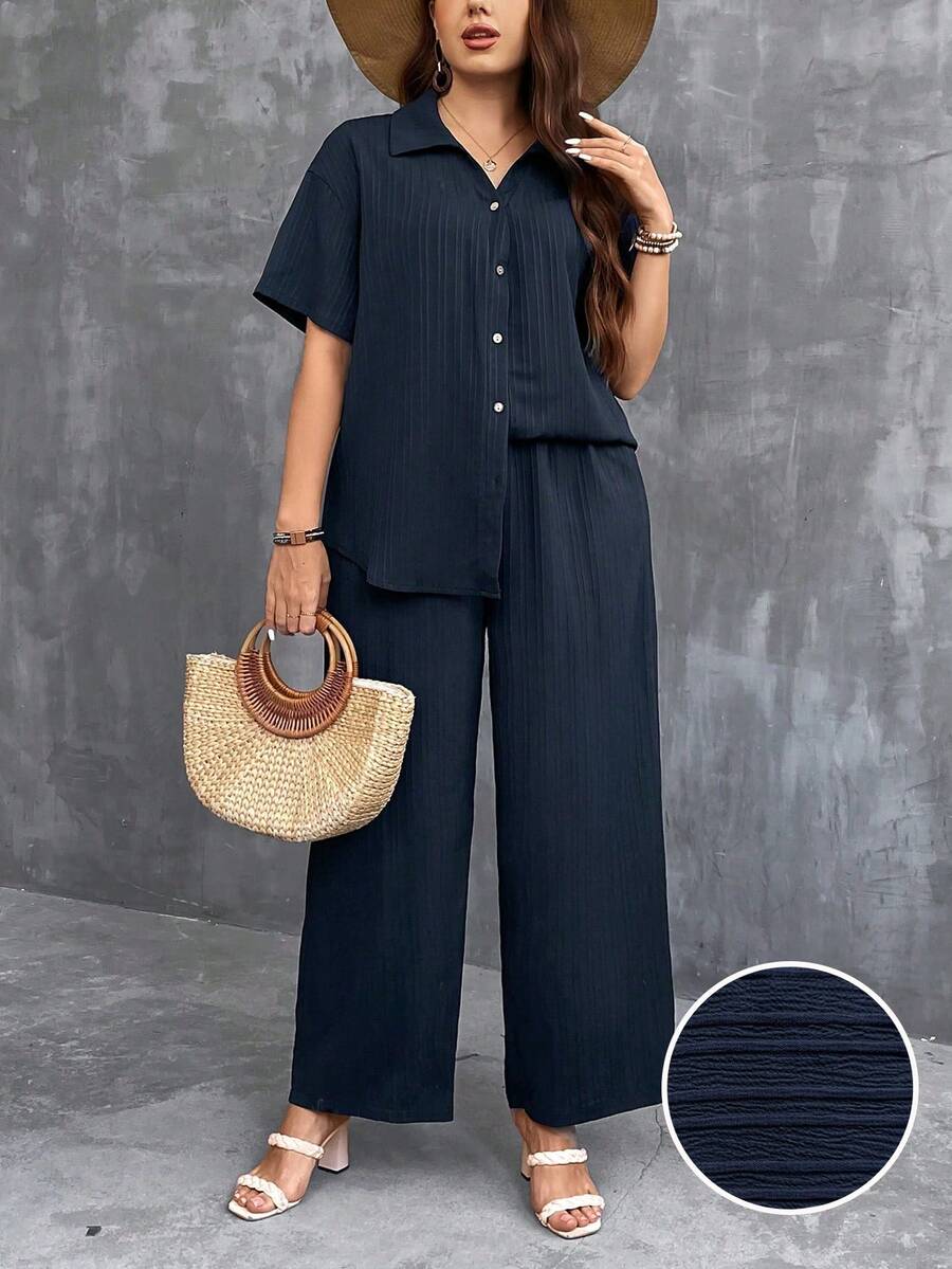 EMERY ROSE Plus Size Solid Color Casual Two-Piece Outfit - Navy Blue - View 1
