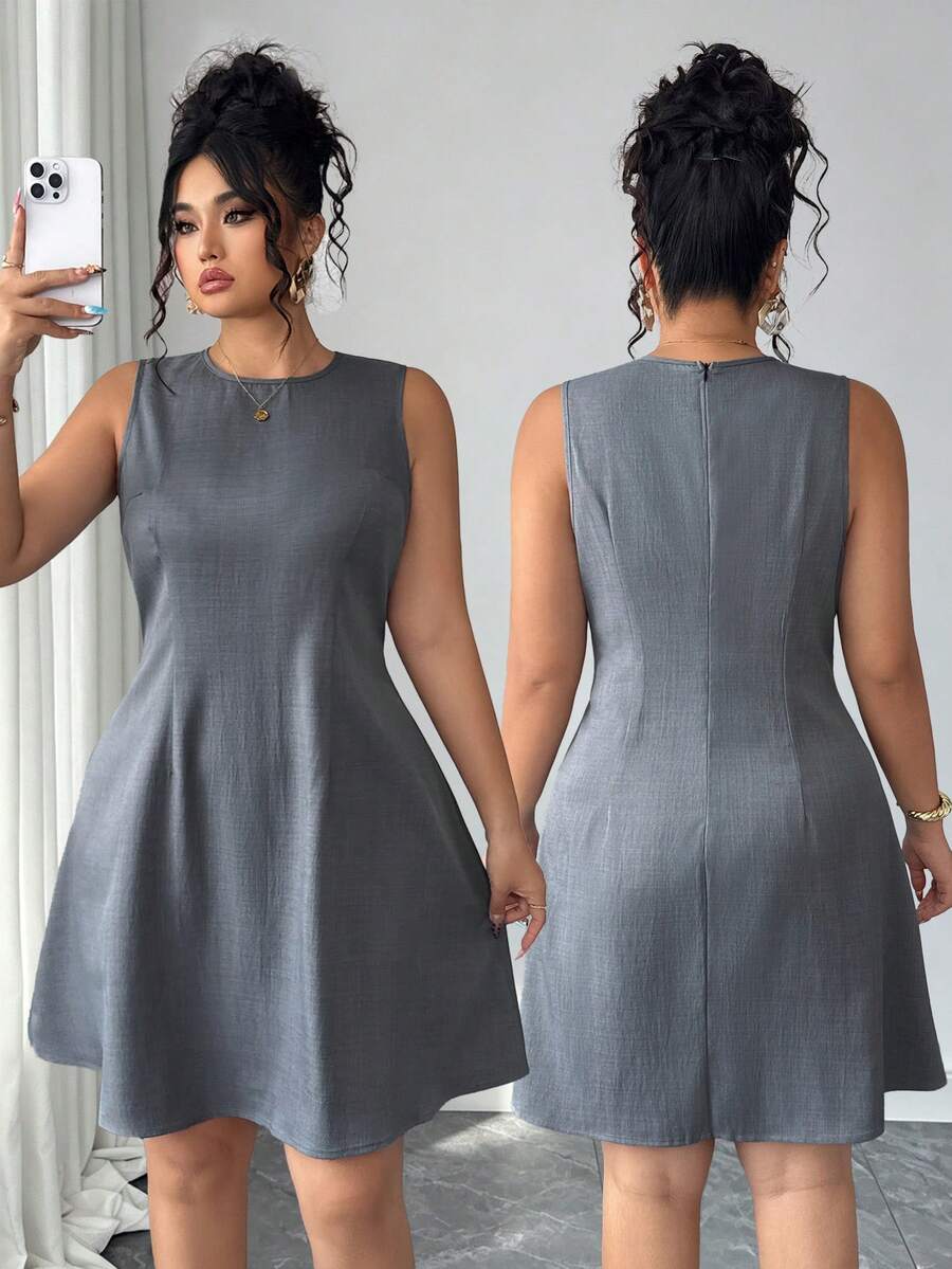 Elenzga Vestido casual sin mangas de unicolor, talla grande, para verano - Gris - Ver 1