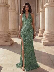 Coutiva Women's Lace Sequin 3D Floral Extra Long Fitted High Slit Evening Gown - Green - View 7