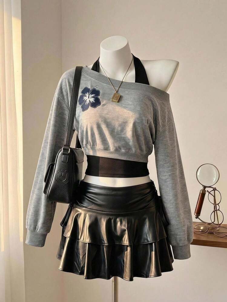 SHEIN MOD Women's Fashion Floral Print 2 In 1 Asymmetrical Neckline Halter Sweatshirt - Multicolor - View 1