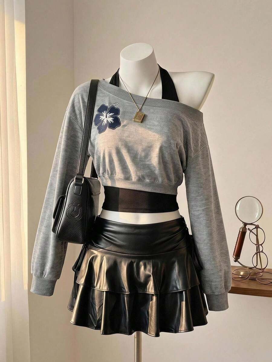 SHEIN MOD Women's Fashion Floral Print 2 In 1 Asymmetrical Neckline Halter Sweatshirt - Multicolor - View 1