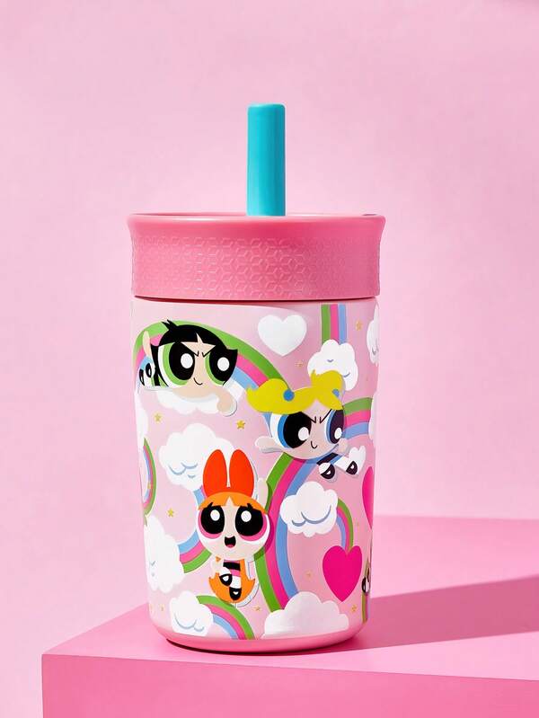 THE POWERPUFF GIRLS X SHEIN 360Ml/12oz Leak-Proof Kids Straw Cup With Straw, Stainless Steel Thermos