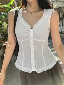 DAZY 女款荷葉邊條紋無袖上衣，清新輕盈夏季風格 - 白色 - 查看 3