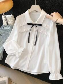 SHEIN 兒童青少年女孩寬鬆休閒極簡舒適日常穿著學院風白色荷葉邊飾泡泡袖優雅荷葉邊前開扣襯衫長袖上衣返校季 - 白色 - 查看 3