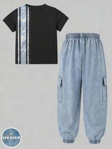 小男孩 2 件套 條紋與英王星空印花圖案 黑色與淺藍色拼接 百搭時尚舒適圓領衛衣 黑色慢跑工裝褲 衛衣套裝 適合四季穿著 - 彩色 - 查看 4