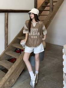 DAZY 女款韓式復古運動風鏤空短袖針織上衣 夏季校園風 - 咖啡棕 - 查看 4