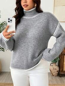 Weeklong Plus Size Contrast Color High Neck Long Sleeve Slouchy Commute Autumn/Winter Versatile Knit Sweater Thickened - Grey - View 1