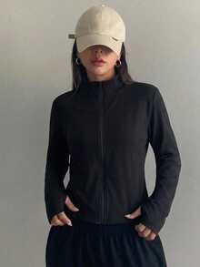 DAZY 女款純色立領拉鍊修身百搭休閒長袖夾克外套 秋季 - 黑色 - 查看 5