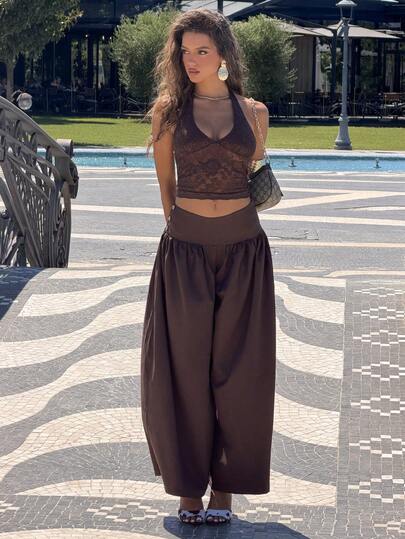 Sindi Myftari Vintage Low-Waist Wide Leg Pants, Draped Casual Women's Trousers Brown Pants Brown Wide Leg Pants Wide Pants Skirt Pants