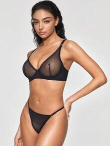 SHAPORA 1pc Black Mesh Underwire Push-Up Bra With Side-Smoothing For Small Chest, Women's Lingerie - Black - View 5