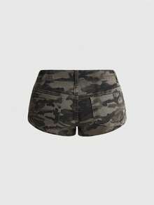 ROMWE Street Life Women's Y2K Vintage Ultra Low Waist Millennium Hot Girl Style Distressed Mini Denim Shorts - Dark Green - View 2