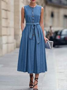 Everyssa Fall Vintage Sleeveless Button Front Belted Waist Midi Length Elegant Daily Wear Going Out Office Denim Dress For Women - Medium Wash - View 7