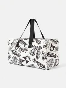 HELLO KITTY AND FRIENDS | SHEIN Off White 黑色絎縫塗鴉卡通滿版印花行李袋 雙手把大容量旅行週末包 - 卡通-4 - 查看 2