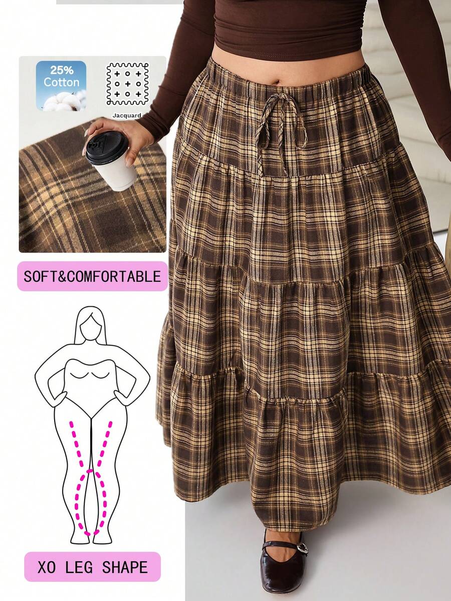 Solflare Plus Size Vacation Minimalist Plaid Drawstring Waist Ruffle Hem Maxi Skirt - Multicolor - View 1