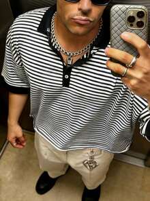 Manfinity Dauomo 男士条纹休闲百搭日常穿着T恤 - 黑與白 - 查看 4