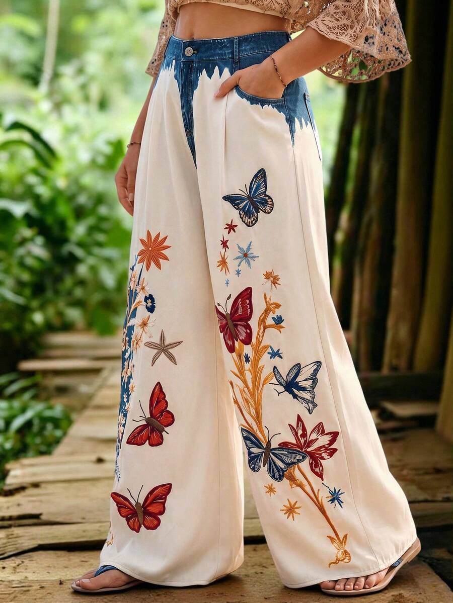 Linhara CURVE Women's Plus Size Butterfly Print Long Pants, Casual Bottoms Fall - Multicolor - View 1