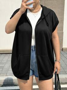 SHEIN CURVE+ 大尺碼休閒秋季拉鍊抽繩連帽衛衣，2026冬季 22W - 黑色 - 查看 5