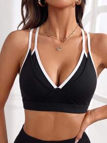SHEIN Cheerettes 女款拼色交叉背日系健身運動內衣 黑色運動內衣 可拆式內墊 白色對比細肩帶雙層健身房適用 - 黑色 - 查看 2