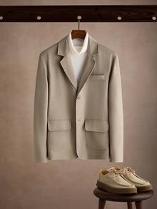Core Aspect Blazer Pria Gaya Klasik Warna Polos dengan Kancing, Lengan Panjang, untuk Kantor Bisnis - Khaki - View 1