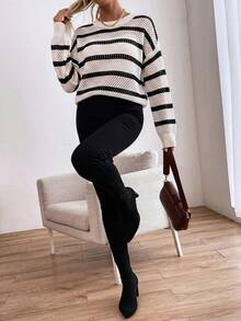 Selianne Spring/Summer Sports Casual Crew Neck Black & White Contrast Striped Preppy Knit Pullover Hollow Out Top Cover-Up Sweater - Black and White - View 3