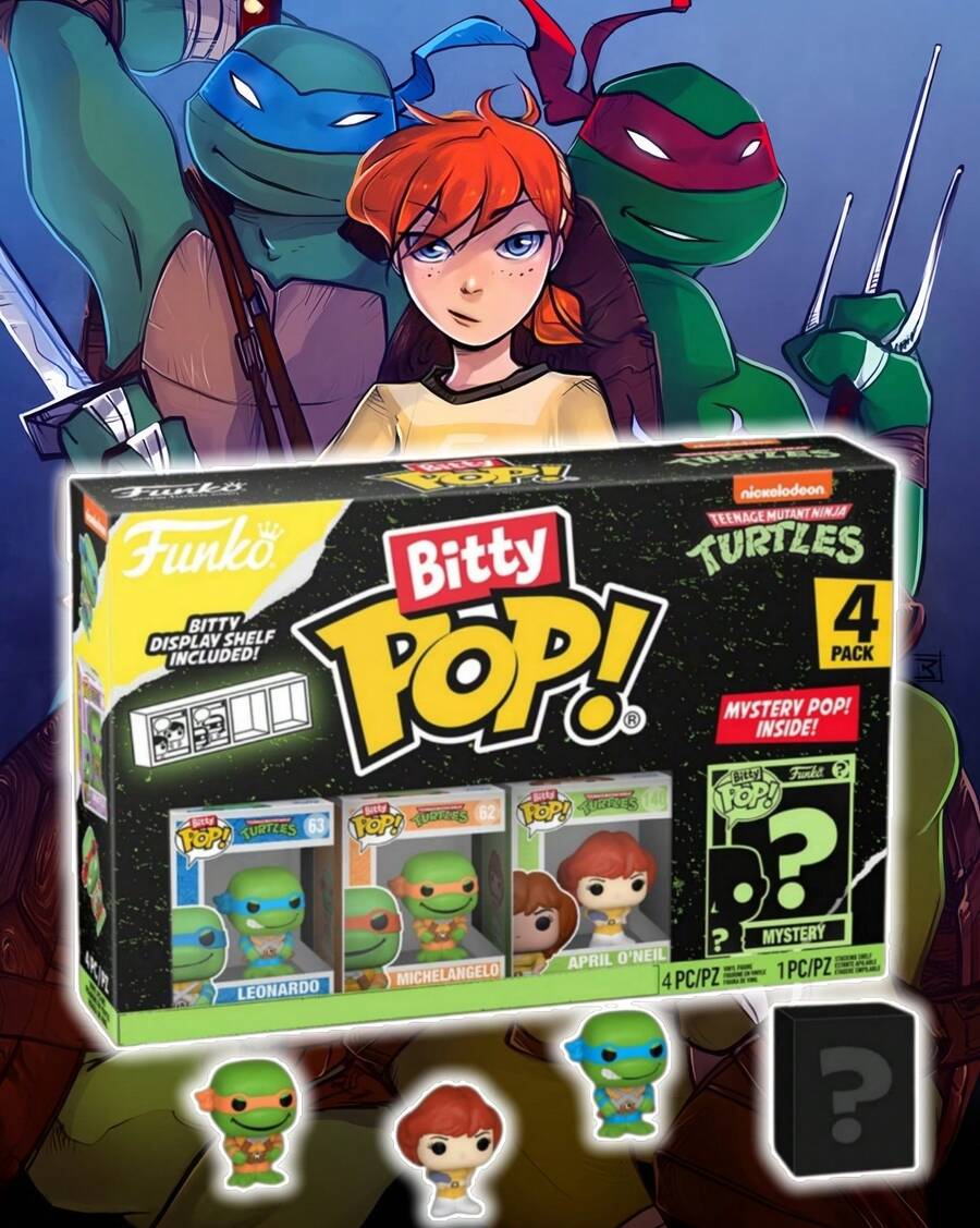 Funko Bitty Pop! Nickelodeon TMNT 4 Packs Mini Vinyl Figure Set, Leonardo Michelangelo April O'Neil With Random Hidden Character, Display Shelf Included, Green Black Box Collectible - Multicolor - View 1