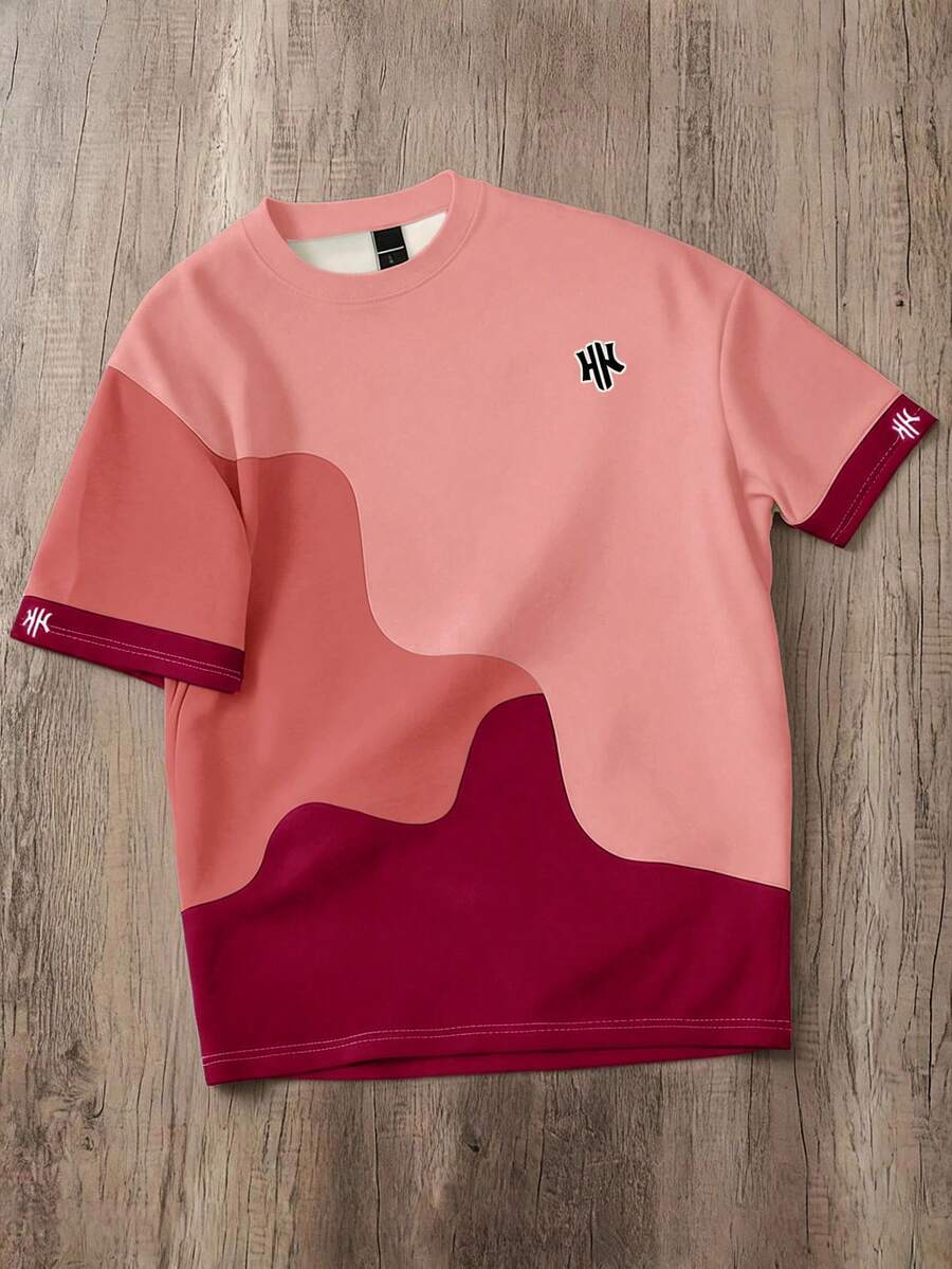 Manfinity Joysei Men's Casual Colorblock Graphic Print Round Neck Short Sleeve T-Shirt, Summer - Multicolor - View 1