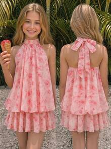 SHEIN Tween Girl Elegant Light Pink Flower Print Halter Neck Tie Mini Dress, Summer Outfit Vacation Outfit - Pink - View 1