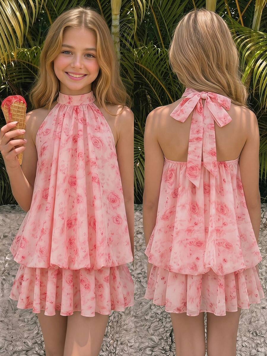 SHEIN Tween Girl Elegant Light Pink Flower Print Halter Neck Tie Mini Dress, Summer Outfit Vacation Outfit - Pink - View 1