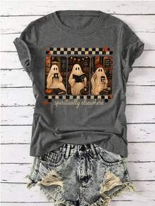 EMERY ROSE Kaos Lengan Pendek Leher Bulat dengan Motif Hantu Halloween - Dark Grey - View 1