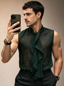 ZURIURI Men's Solid Color Ruffle Sheer Sleeveless Shirt - Dark Green - View 6