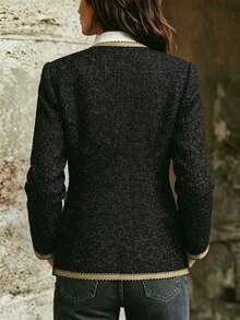 SHEIN Women's Casual Wool Blend Jacket With Woven Trim, Long Sleeve, Single-Breasted - Black - View 3