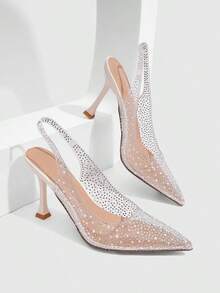 CUCCOO SZL Ladies Pointed Back Empty Fashion Elegant Sexy Party Transparent TPU Fabric Contrasting Color Hot Pearl Rhinestone Rear Lift High Heel Shoes - Off-white 1 mirror - View 3