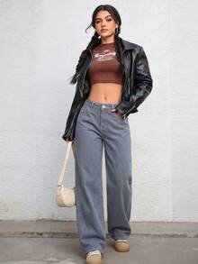 SHEIN ICON 女款寬腿寬鬆休閒百搭牛仔褲，附口袋 - 黑色 - 查看 6