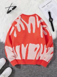 Manfinity CasualKnits 男士拼色圓領長袖休閒寬鬆毛衣 - 亮橙色 - 查看 2