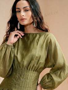 Arave Women's Solid Color Round Neck Lantern Sleeve Cinched Waist Ruffle Hem Blouse Office Work Brunch Olive Green Fall Elegant French - Green - View 7