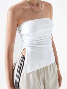 Comfortcana Top tubo de moda con fruncido de color liso para mujer, blanco, sexy, para brunch, club y salidas nocturnas de verano - Blanco - Ver 6