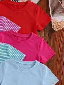 7 piezas de camisetas casuales de tacto suave para niñas jóvenes, diseño sólido/rayado, adecuadas para verano, regreso a la escuela, primavera, otoño, invierno, diseño sólido+rayado con cuello en contraste, estilo americano, se envían 2 piezas al azar - Multicolor - Ver 3