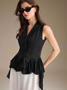 Ontre 2026 New All Season Minimalist Fashion Elegant Commute Casual Sleeveless V-Neck Cinched Waist Ruffle Trim Patchwork Button Blazer Jacket Versatile Slimming Heightening Elegant Daily Wear Commute Wear Office Wear Date Wear Fashion Wear Streetwear - Black - View 5